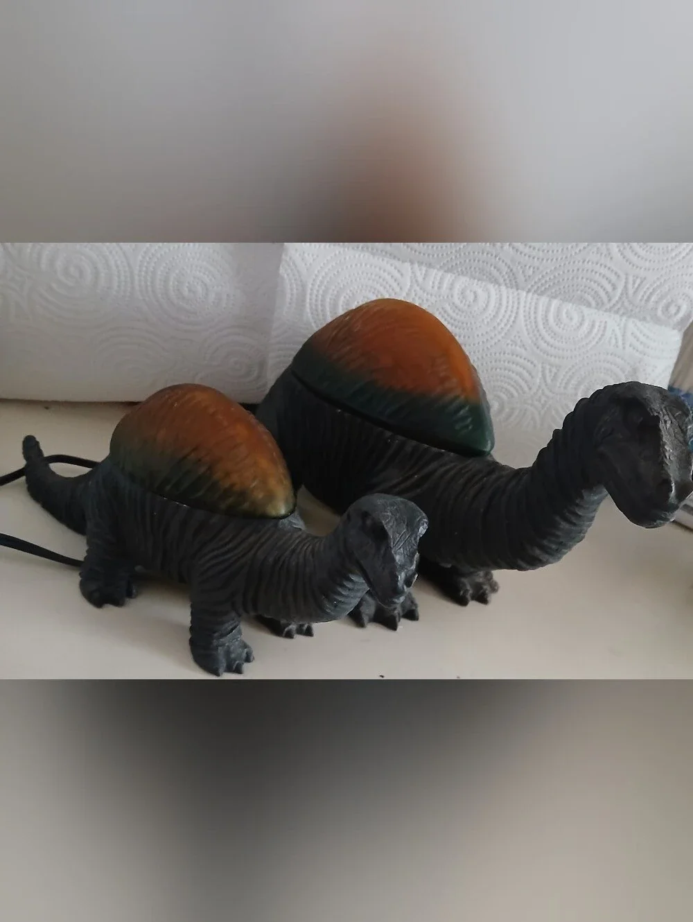 Vintage 1990's Cheyenne Dinosaur Lamps with Amber-Green Glass Shade